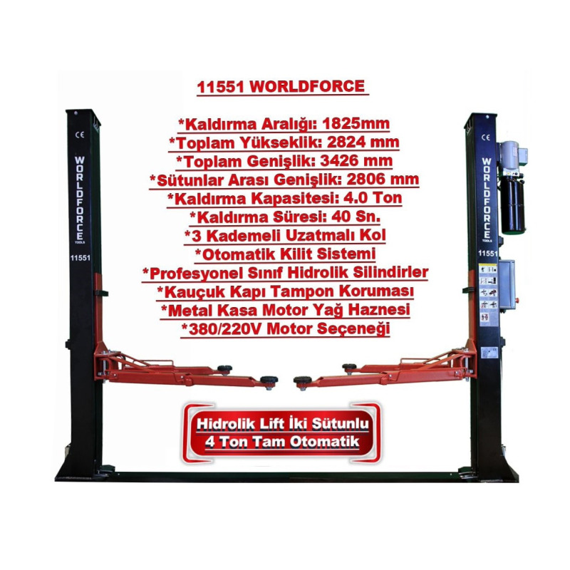 Worldforce 11551 Hidrolik Lift İki Sütunlu 4 Ton 380/220V Tam Otomatik