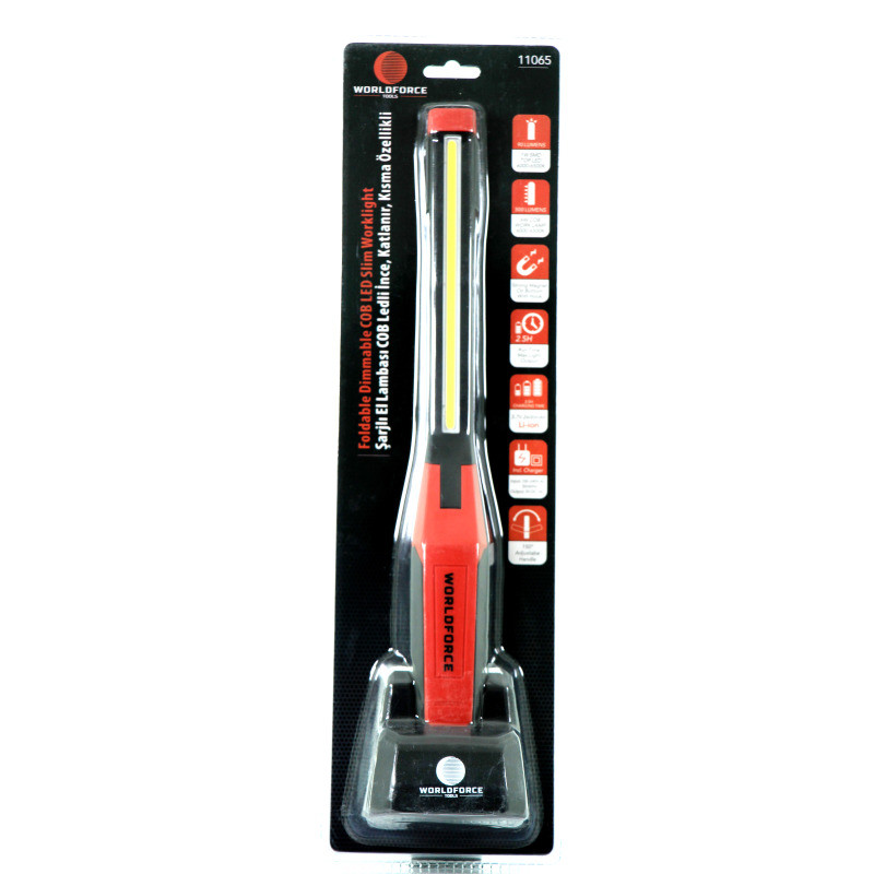 Worldforce 11065 Şarjlı El Lambası COB Ledli İnce, Katlanır, Kısma Özellikli, Sehpalı 3.7V 2600mAh