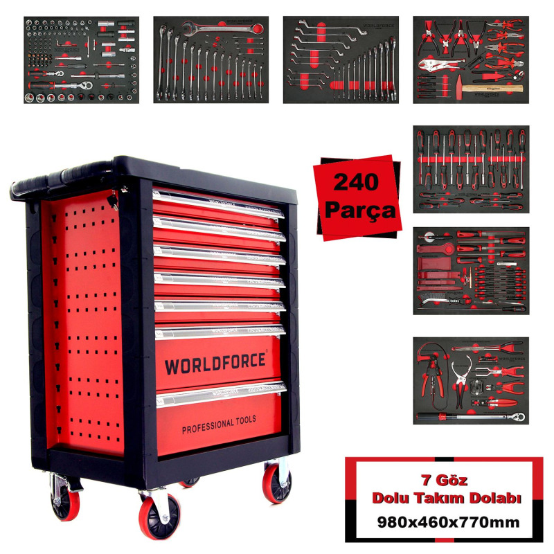 Worldforce 11493-240 Dolu Takım Arabası 240 Parça (7 Çekmeceli)
