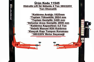 Hidrolik Lift İki Sütunlu 4 Ton 380V Yarı Otomatik